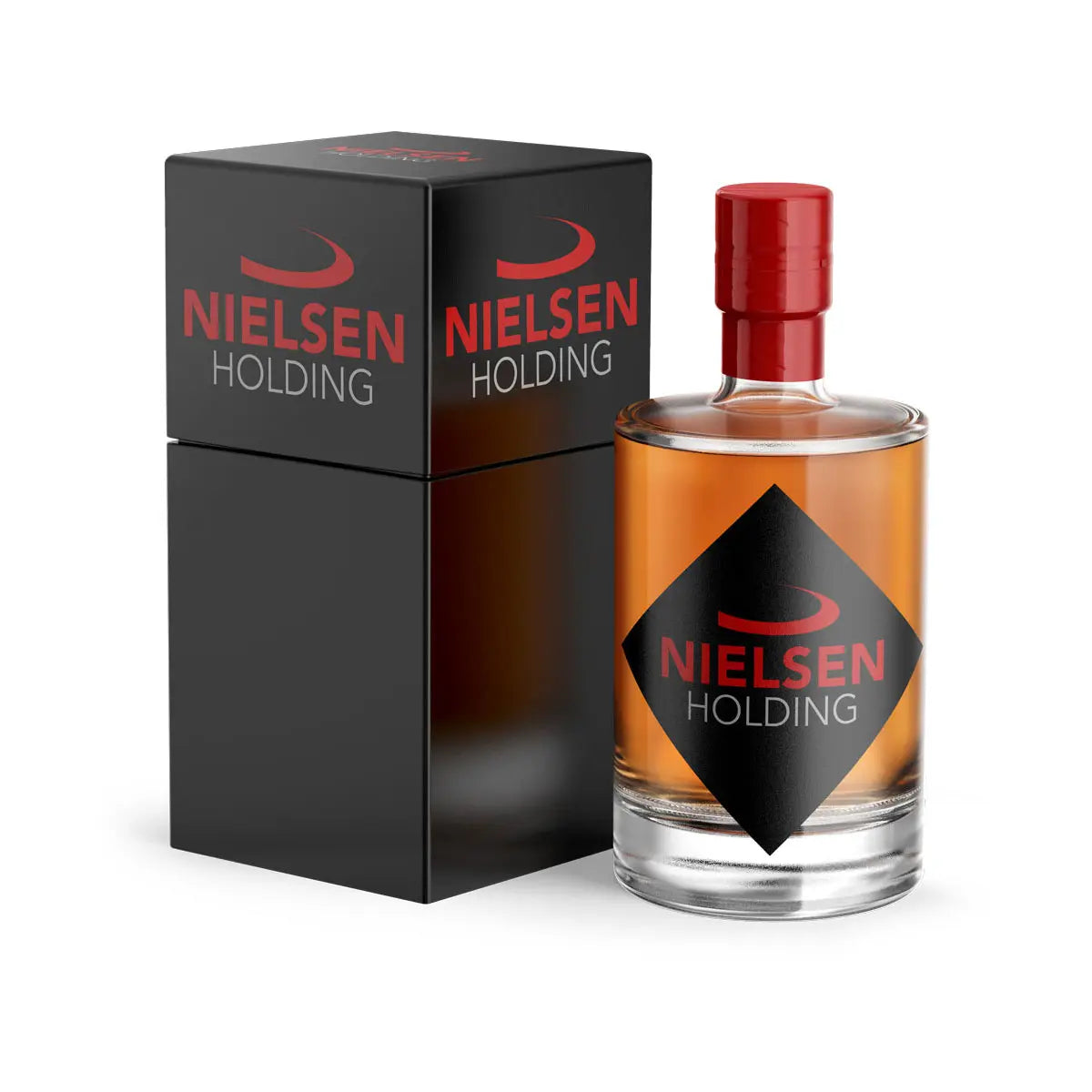 Elegante Flasche mit bernsteinfarbenem Inhalt und rotem Verschluss, daneben eine schwarze Geschenkbox – beide mit dem Nielsen-Holding-Logo.